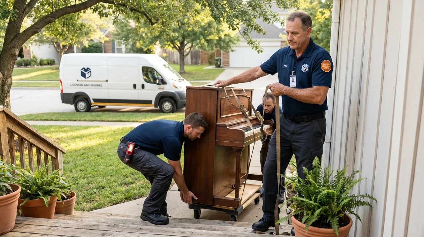 Licensed piano movers securing grand piano in Wauchula, FL